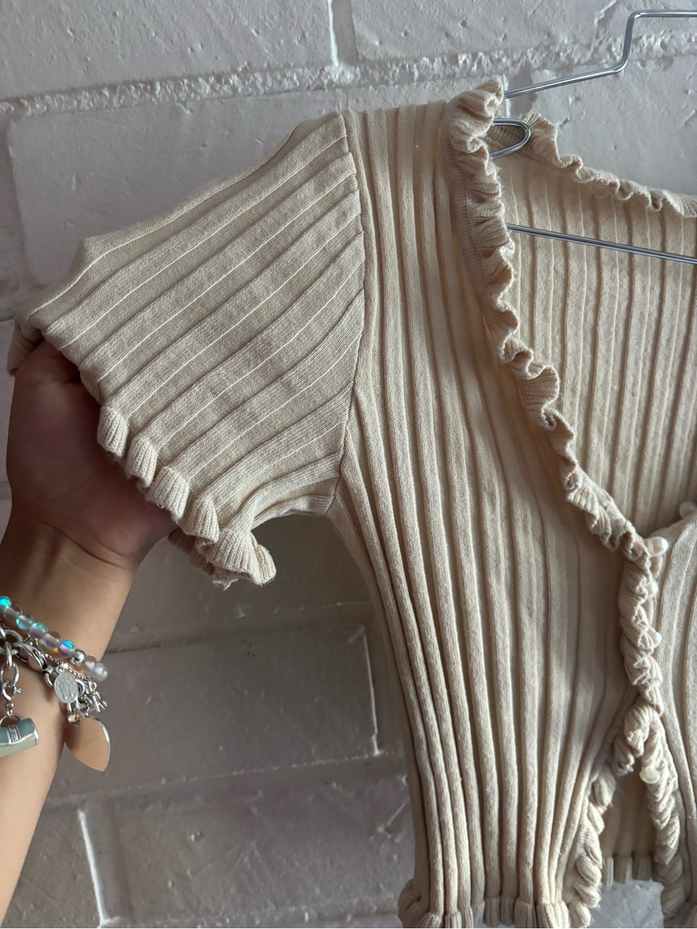 Ribbed Ruffle Button-Front Crop Top - Cream - Picture 4 of 9